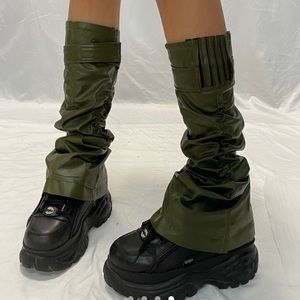 Harajuku Navy Green Ruffle Faux Leather Leg warmers